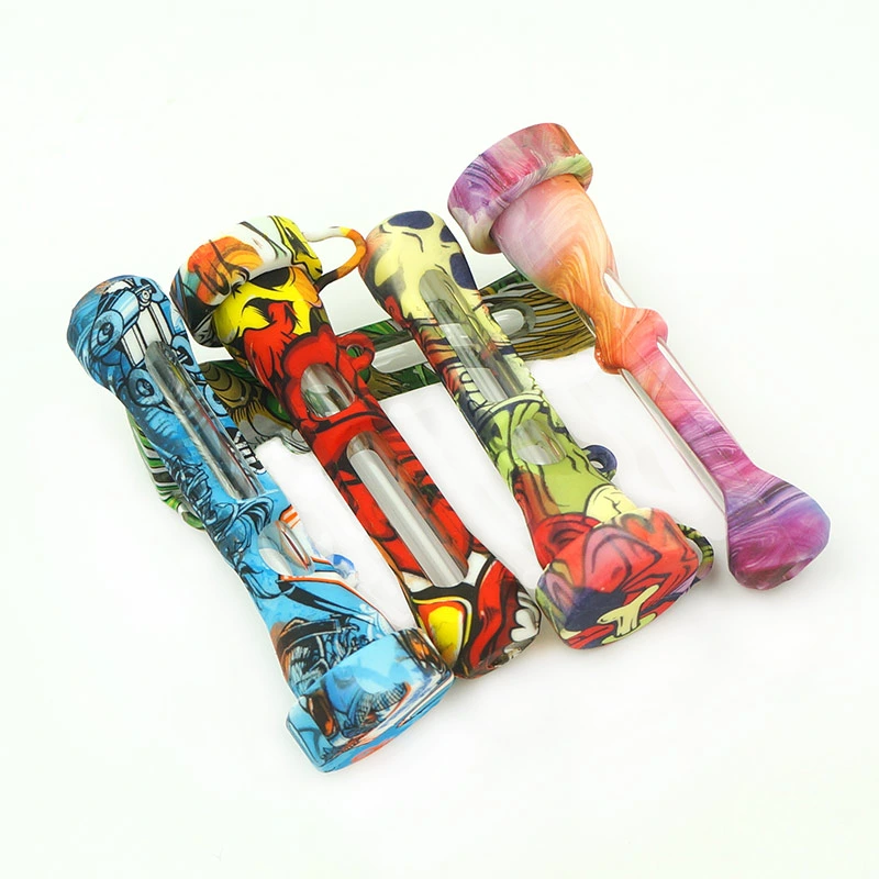 Multifunctional Water Sticker Pattern Horn Glass Silicone Smoking Hand Pipe Tobacco Pipe Can Be Used for Smoking Accessories